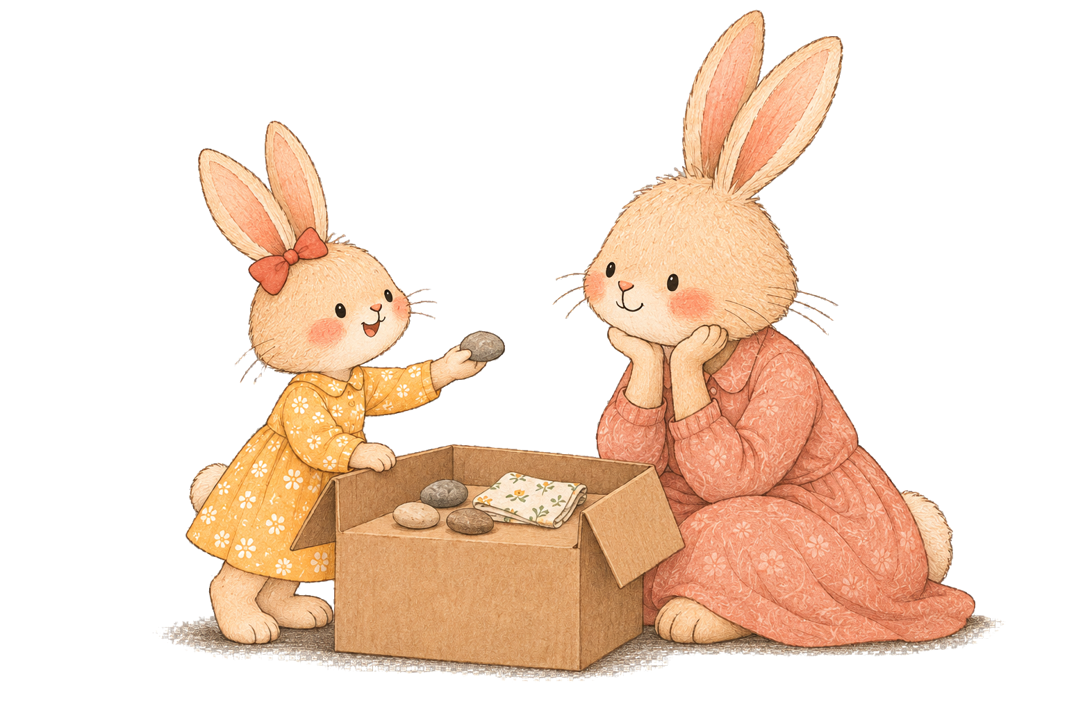 A Rabbit child offers a pebble to a parent at a cardboard-box shop