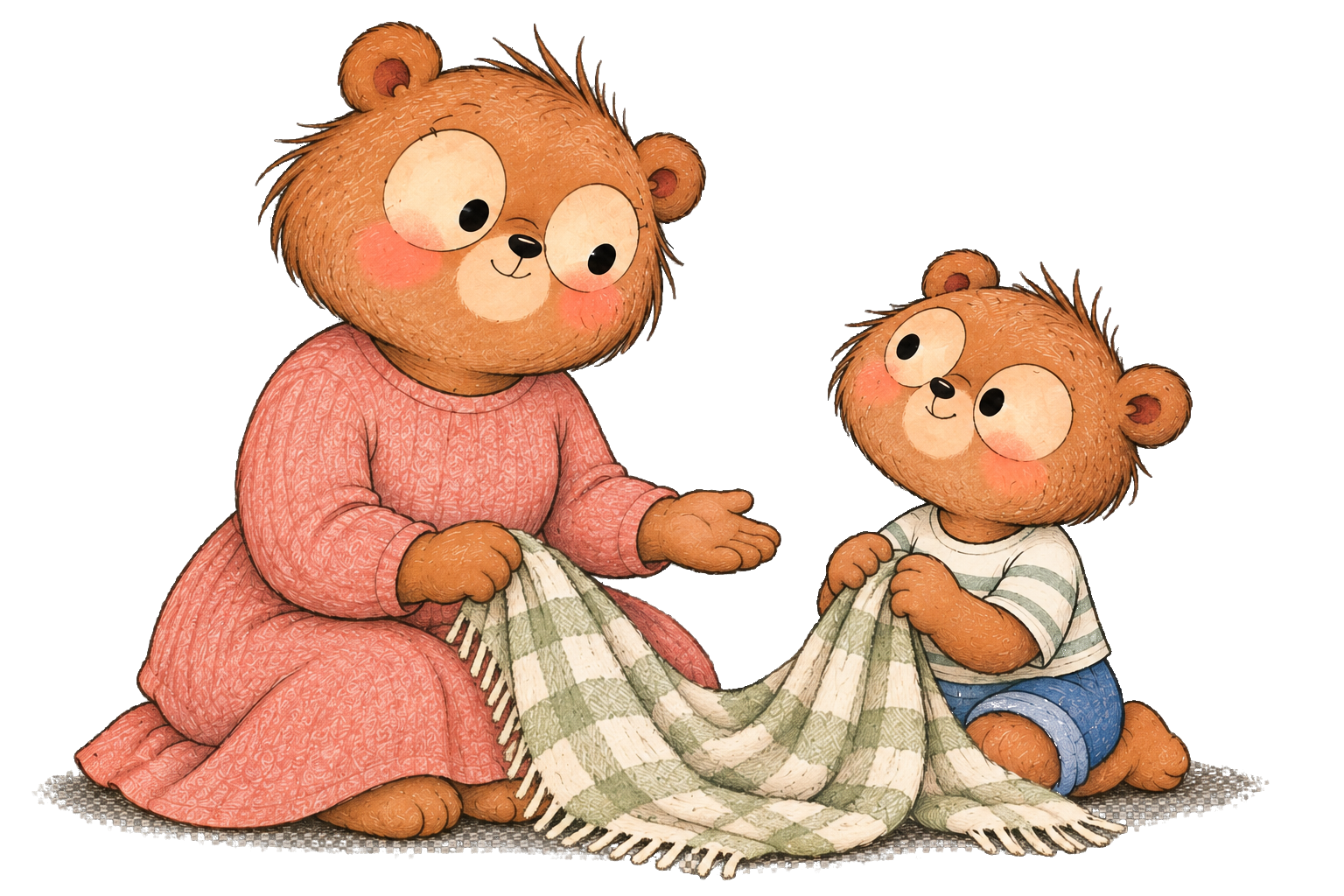 Mama Bear offers an open hand as Bear Boy holds a blanket