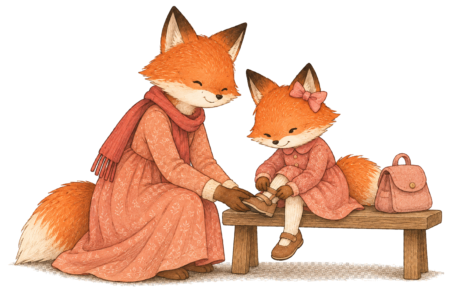 A Fox child fastens her shoe while a parent steadies it