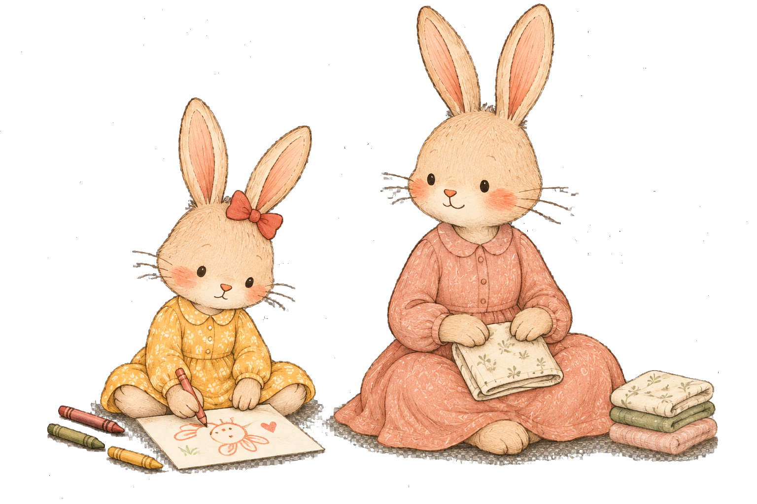 A Rabbit child draws quietly while a parent folds cloth beside her