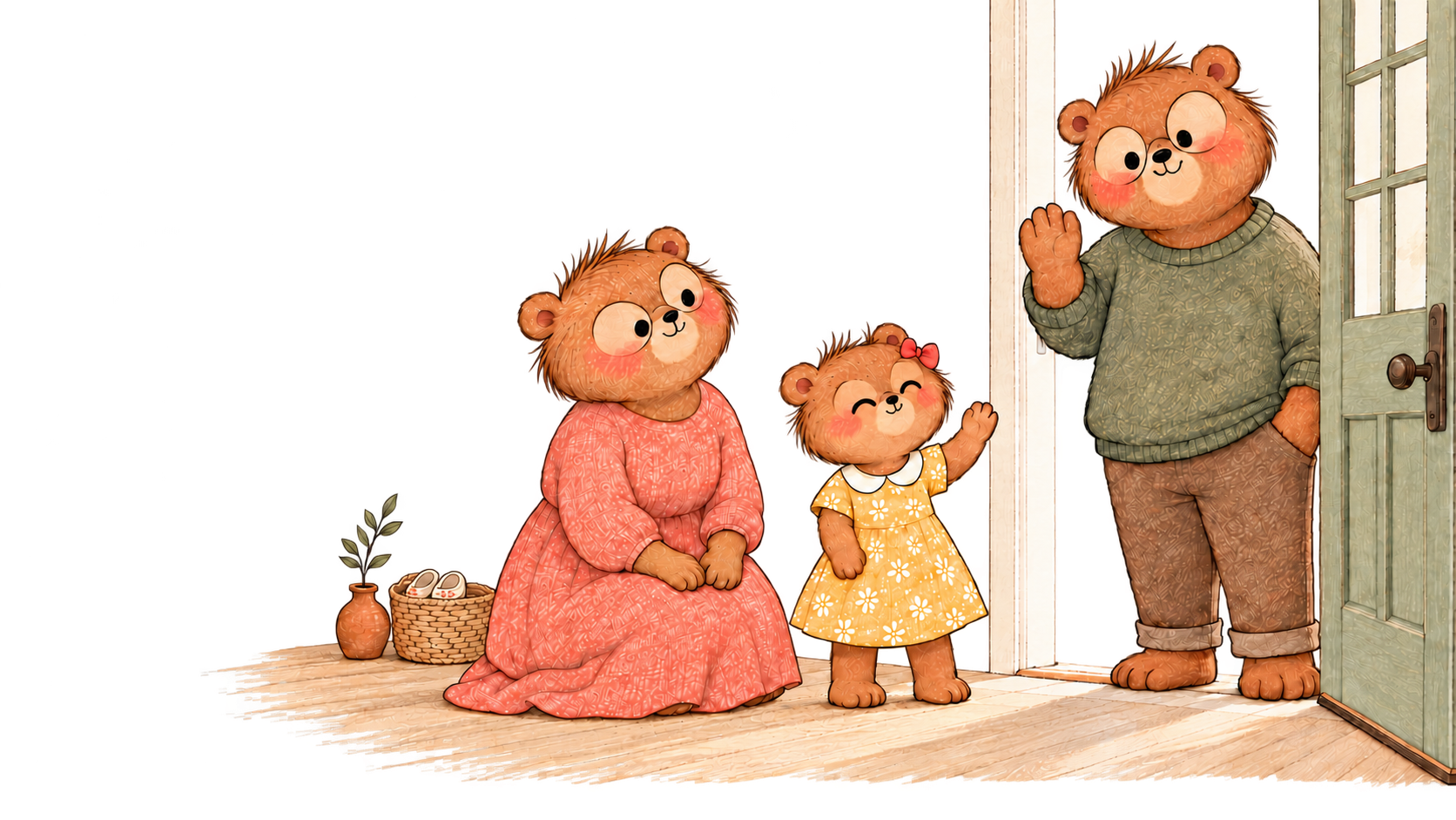 A Bear child waves goodbye while her parents calmly respect her choice