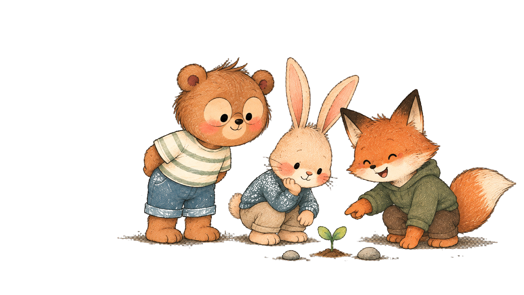 Bear, Rabbit and Fox children gather around a tiny sprout with curiosity
