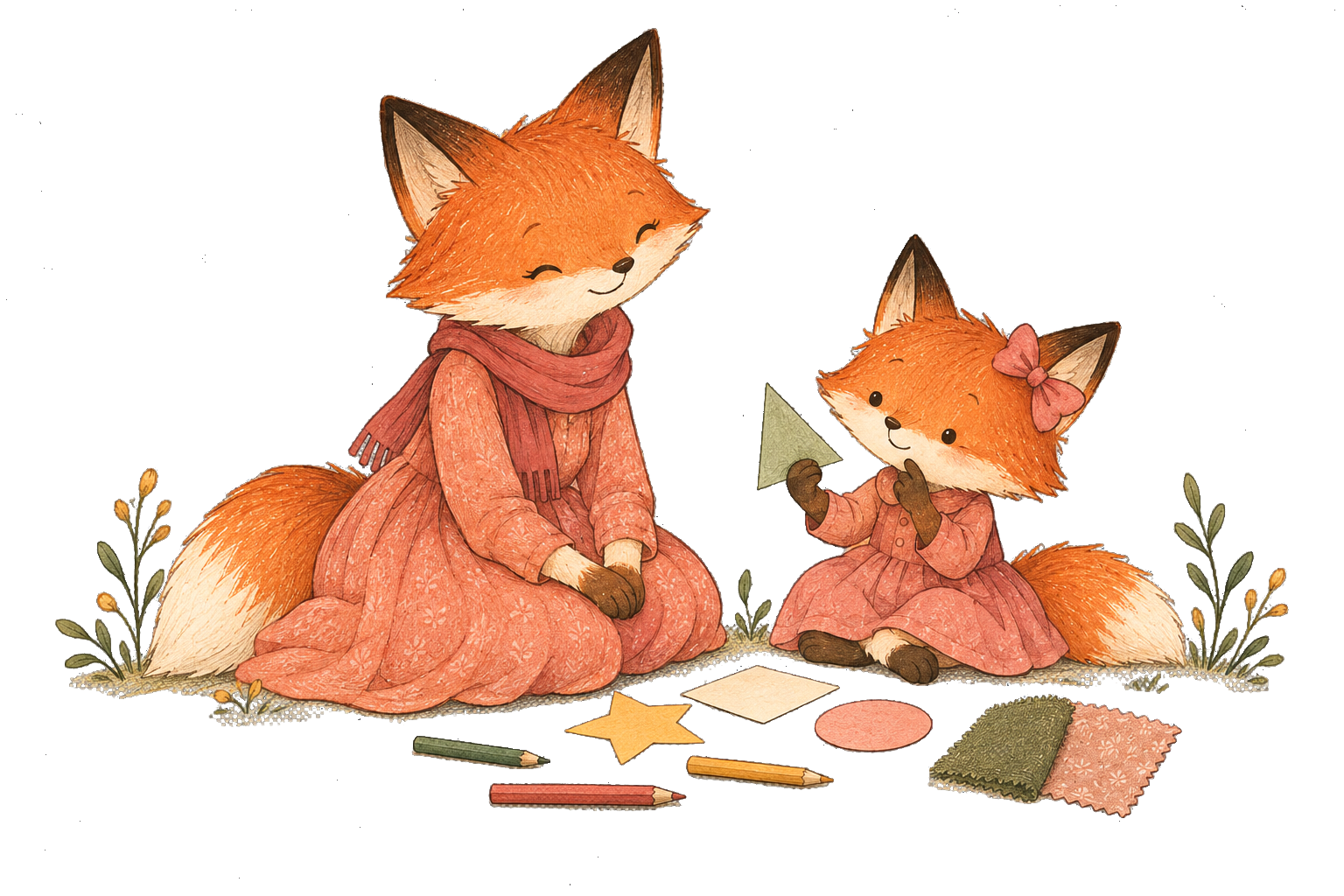 A Fox parent and child thoughtfully explore shapes, pencils and fabric swatches