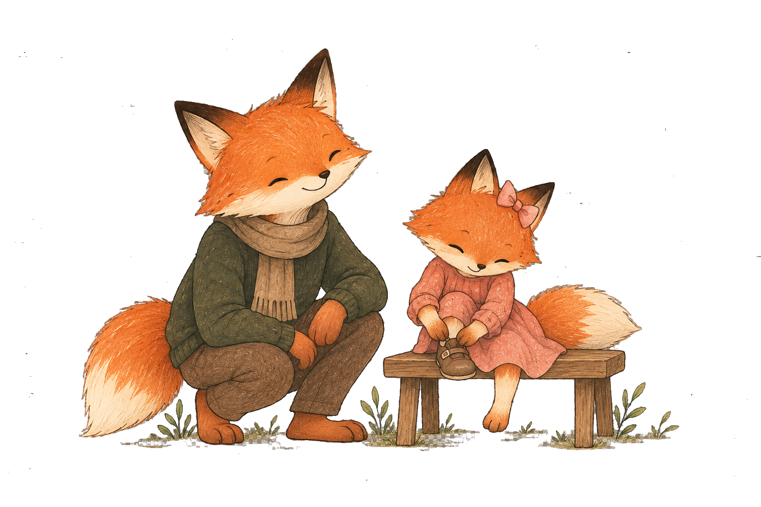 A Fox child fastens a shoe independently while a parent waits nearby