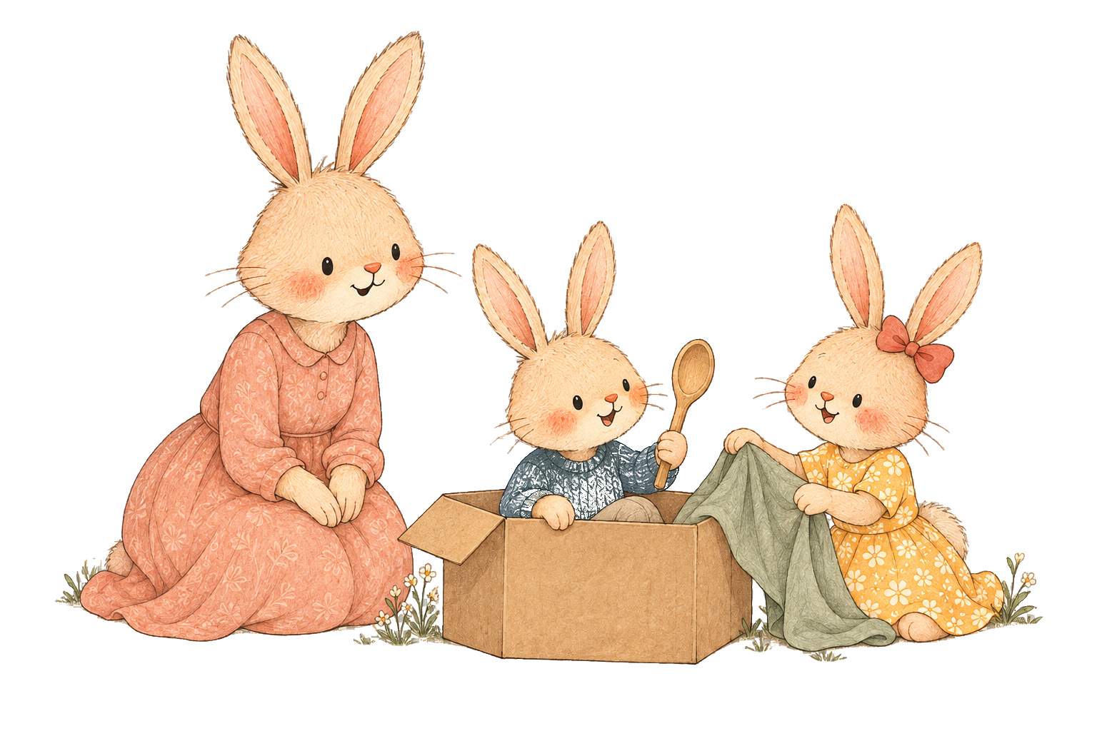 Rabbit children create an imaginative game with a box, fabric and wooden spoon