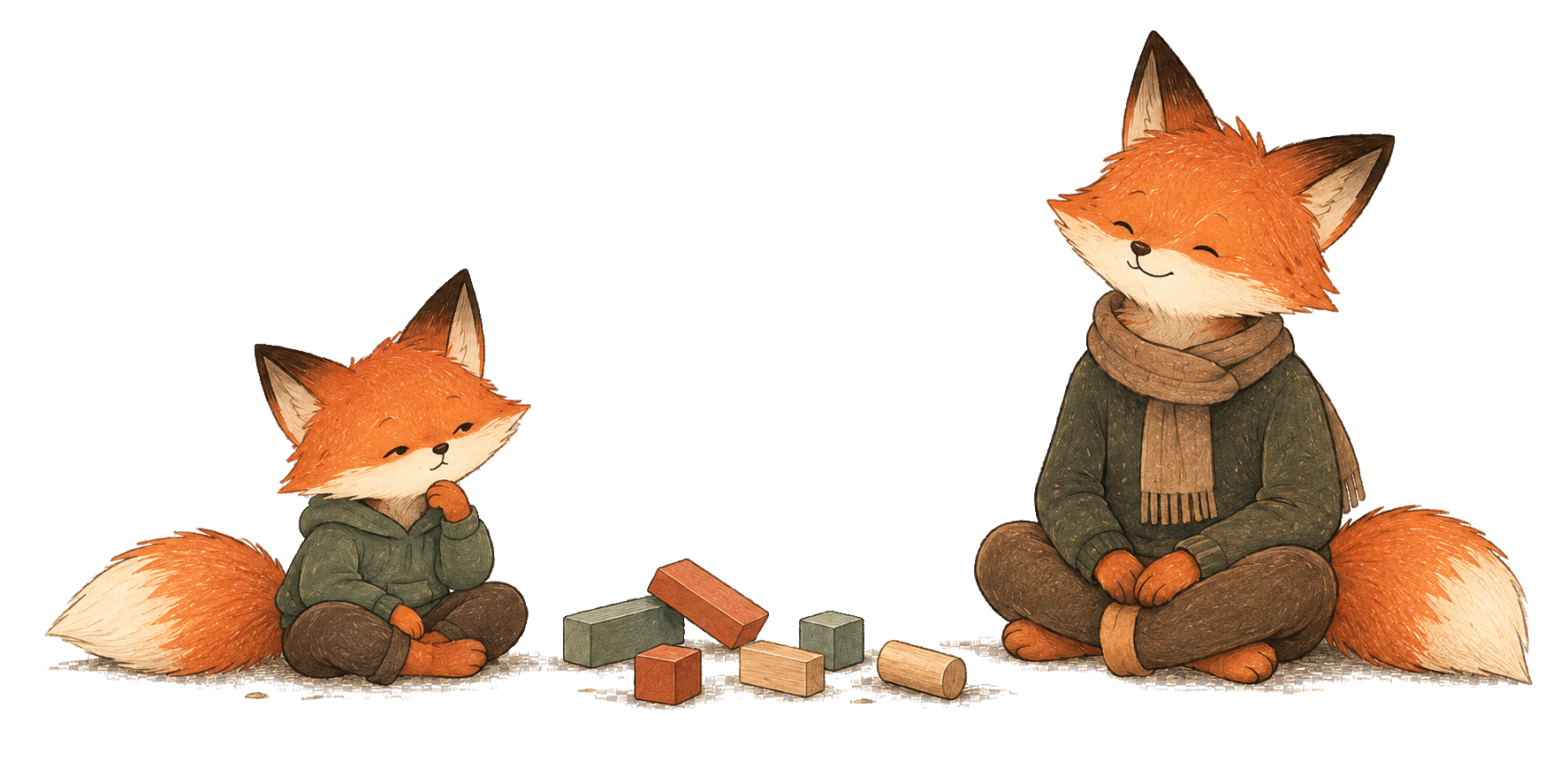 A Fox parent waits calmly while a child considers another attempt with fallen blocks