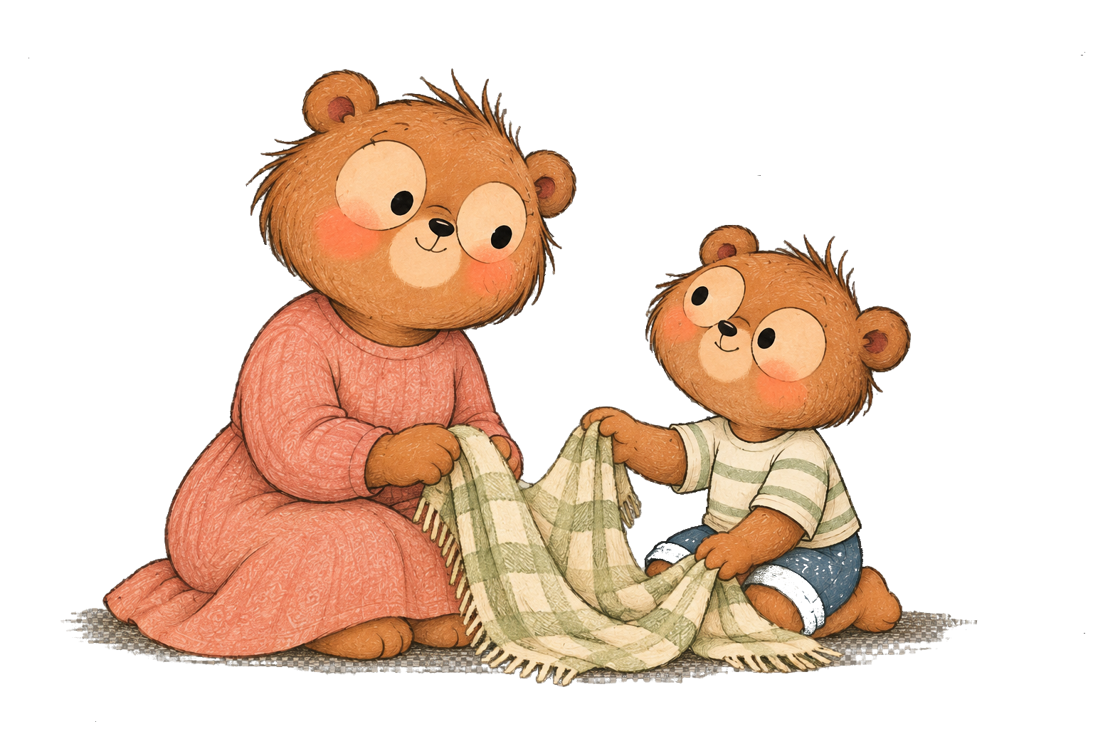 Mama Bear and Bear Boy reconnect while holding a blanket together