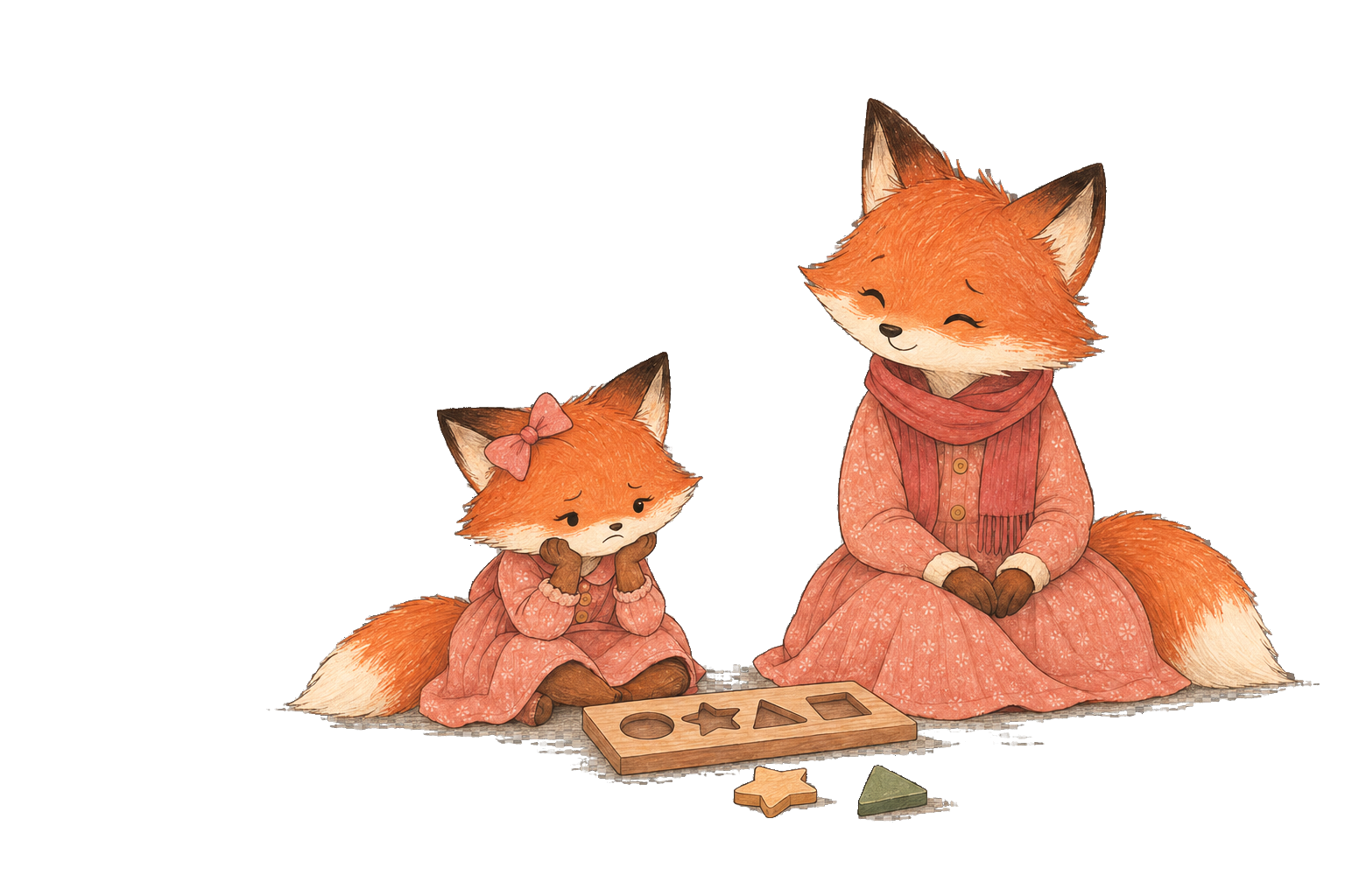 A Fox child feels frustrated with a puzzle while a parent remains calmly present