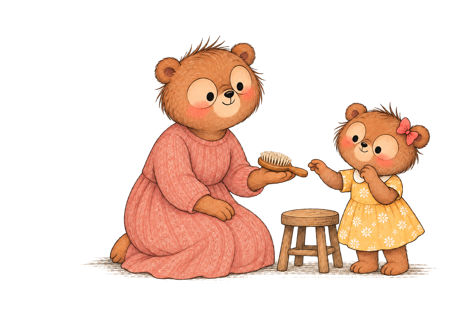 A Bear parent offers a hairbrush while a child considers her choice