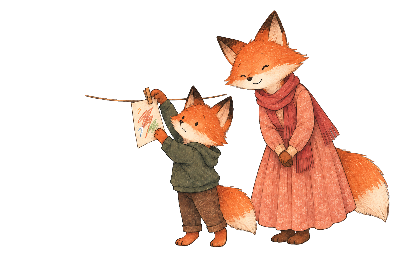 A Fox child hangs up a drawing while a parent watches supportively