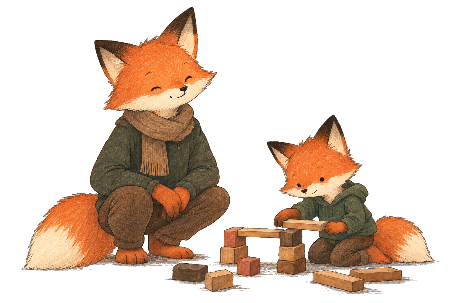 A Fox child rebuilds a block tower while a parent stays nearby