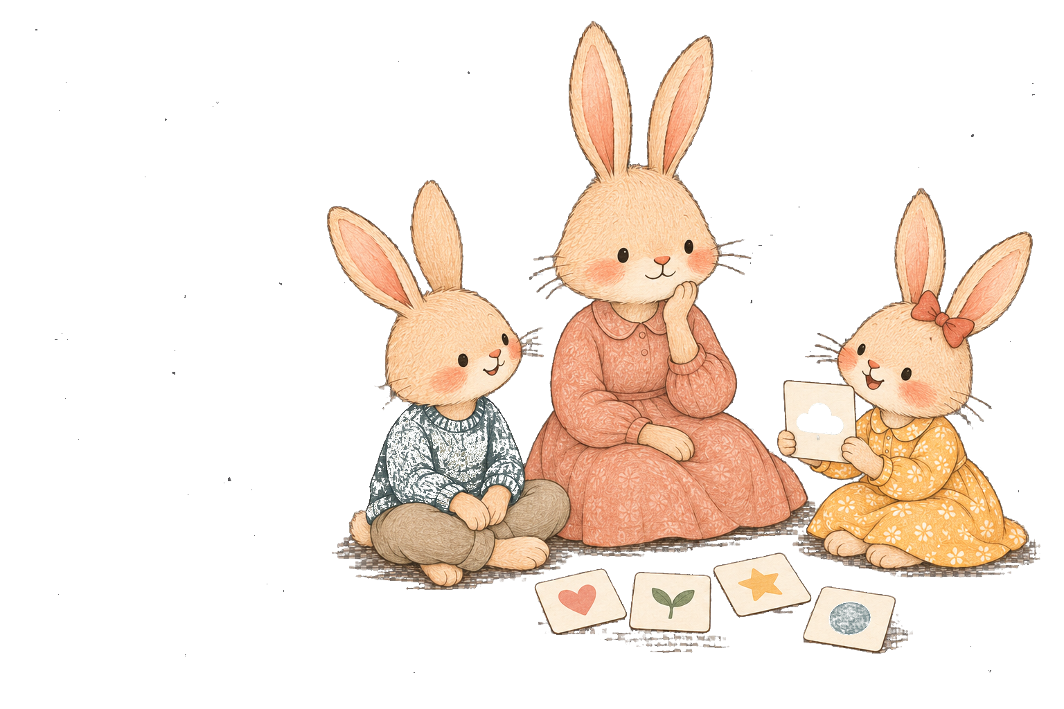 A Rabbit family looks at illustrated conversation cards together