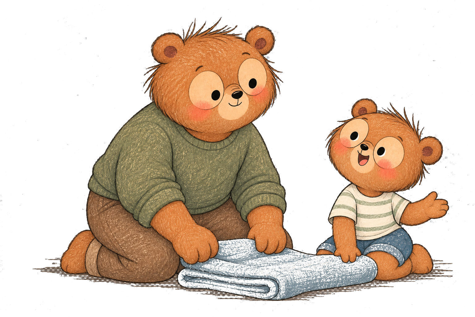 A Bear parent and child share an everyday task while talking together