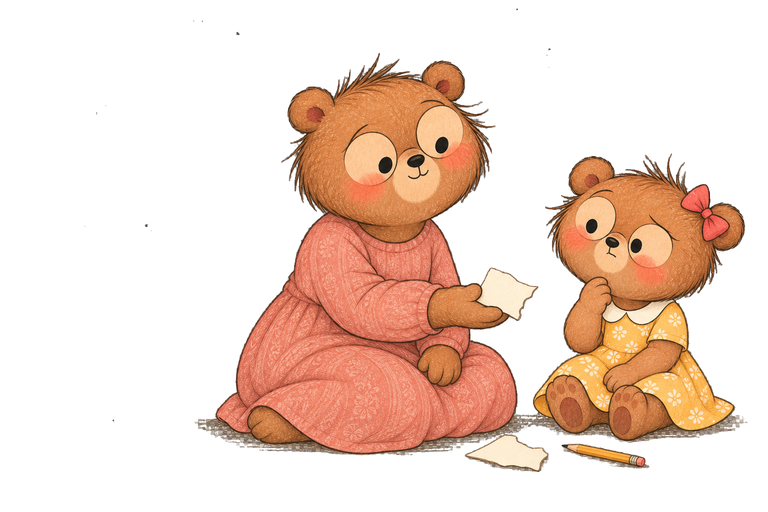 A Bear parent and child begin repairing a torn drawing together