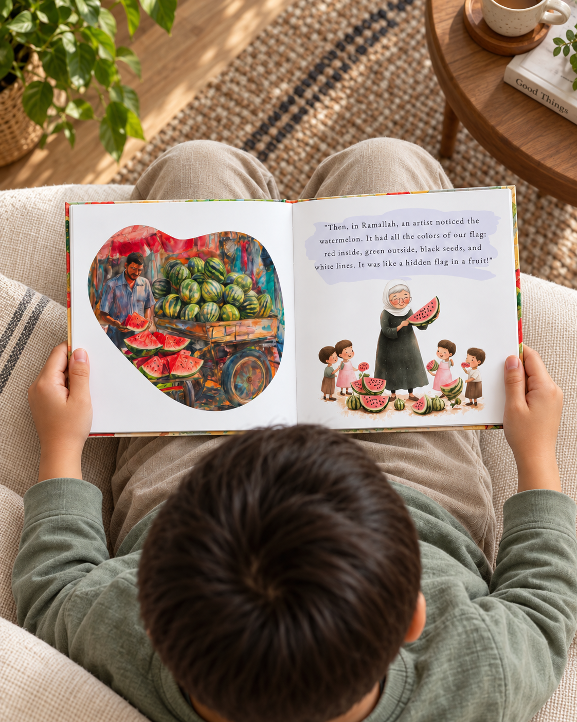 A child reading a spread showing an illustrated market and a family with watermelon